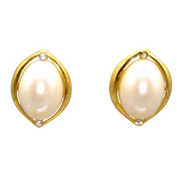 Vintage Marvella Oval Pearl Earrings, Gold Tone Framed Studs with Crystal Accent - Picture 1 of 4